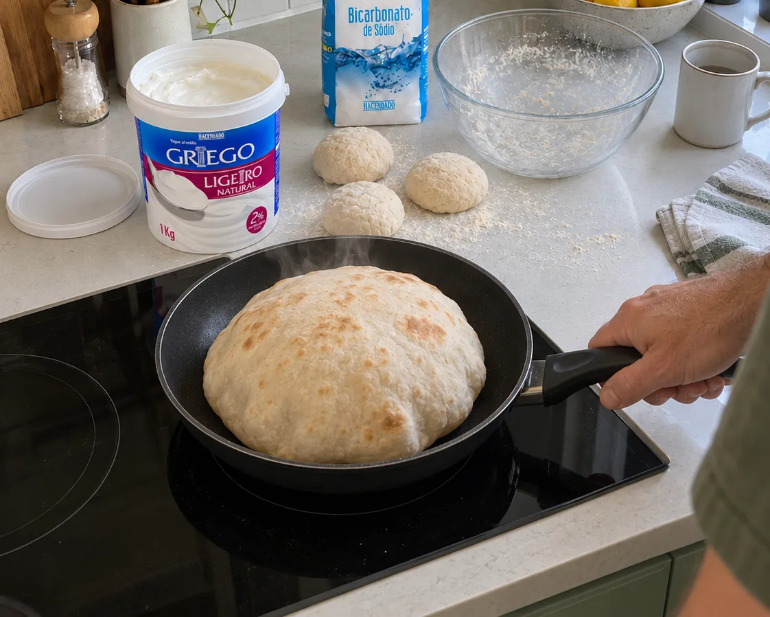 Pan de yogur hinchándose en la sartén