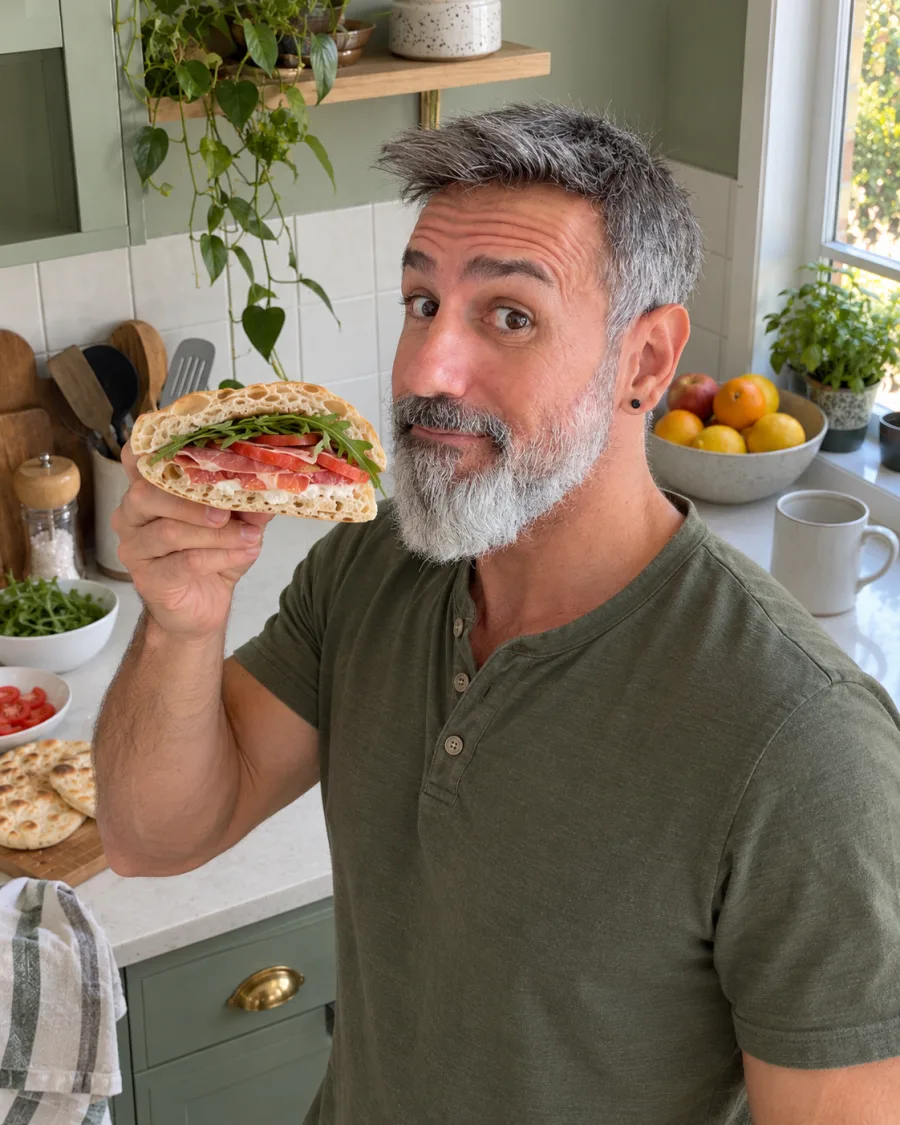 Jonathan Aguilar comiendo el pan de yogur en su cocina